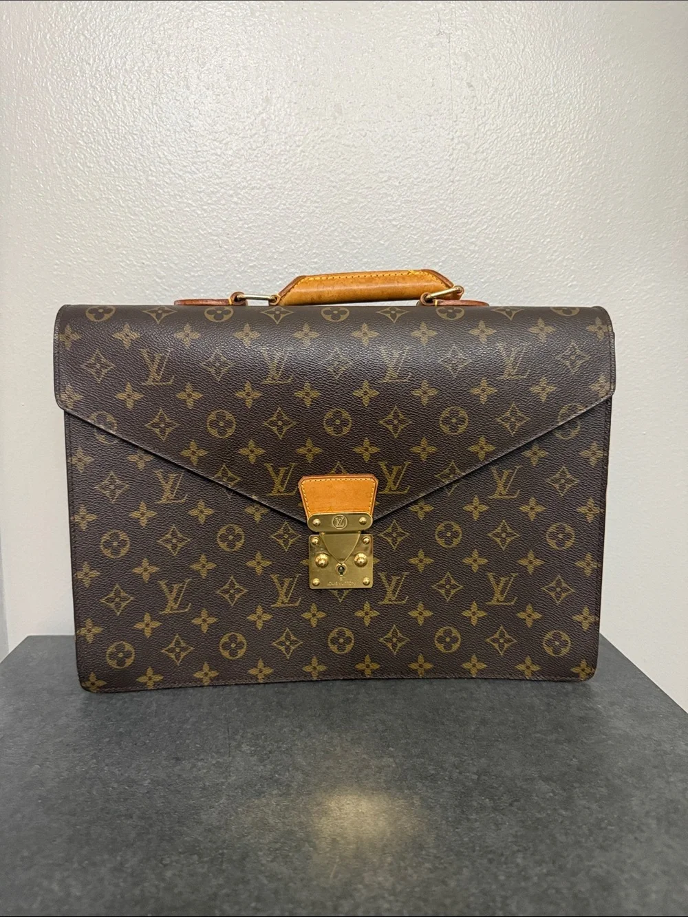 Louis Vuitton Monogram Canvas Briefcase with Tan Trim and Gold Hardware